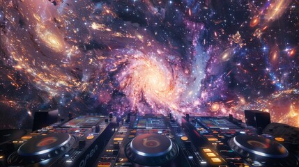 Fototapete - A DJ mixer sits atop a surface, with a swirling galaxy of stars and nebulas in the background.