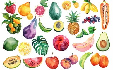 On a white background, a watercolor tropical fruit set