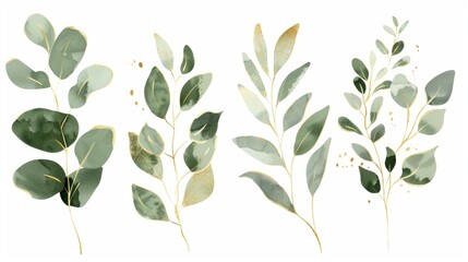 Wall Mural - Watercolor illustrations of green & gold leaf branches - perfect for wedding stationary, greeting cards, wallpapers, fashion, background. Eucalyptus, olive, green leaves, etc.