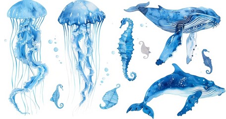 Wall Mural - Sea animals set of watercolors: blue ocean fish, Medusa, whale, seahorse.