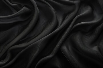 Fototapete - Black fabric texture close-up view shows subtle wrinkles folds depth. Fabric transitions to lighter shade creating contrast black background blurred out focus on fabric.