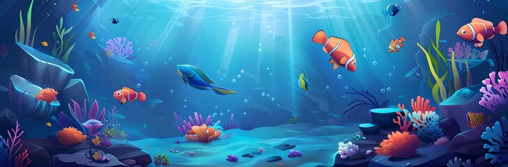 Wall Mural - A colorful underwater scene with a variety of fish swimming around. Scene is lively and vibrant, with the bright colors of the fish and the ocean creating a sense of energy and excitement