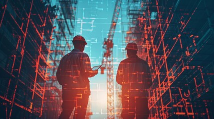 Wall Mural - Two industrious construction workers consulting over blueprints and digital tablet data amidst a dynamic construction site setting filled with scaffolding and tools