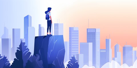 Poster - a woman is standing on a rock overlooking a city. the sky is blue and the sun is setting