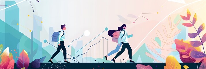 Poster - Two people are walking in a city with a green background. One of them is carrying a backpack