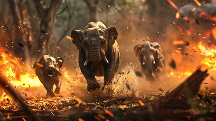 Mama Elephant and Two Babies Running for Safety from Jungle Fire in Dramatic Wildlife Scene