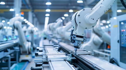 A factory with robots working on a conveyor belt