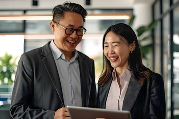 Poster - two happy asian business people meeting at the office