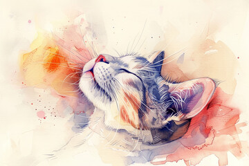 Wall Mural - A cat is sleeping on a painting with a red background