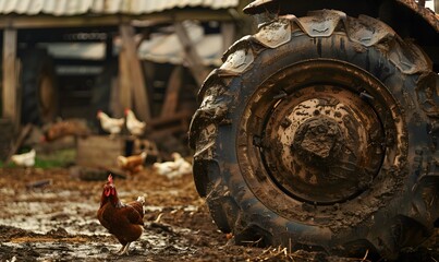 Wall Mural - Close-up of a tractor wheel covered in mud, parked in rustic barnyard with chickens pecking around.