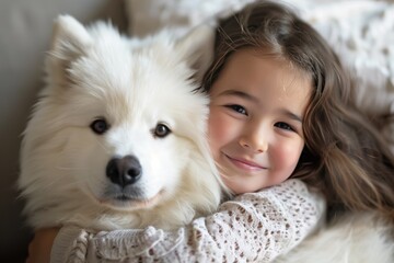 A young little girl hugging her Samoyed white pet dog.