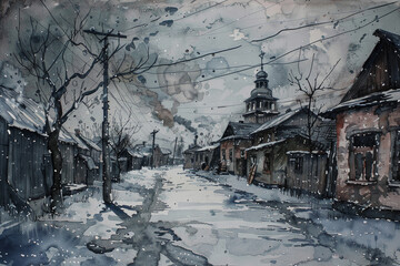 Wall Mural - A painting of a snowy street with a church in the background