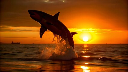 Silhouette of Great White Shark in jump. Red sky of sunrise. Breaching in attack. Scientific name: Carcharodon carcharias. South Africa.