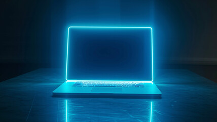 blue neon glowing open laptop, dark background