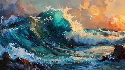 Wall Mural - An enormous wave in shades of cobalt and teal, crashing against weathered rocks at sunset.