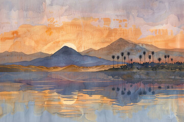 Wall Mural - The sky is orange and the sun is setting behind the mountains