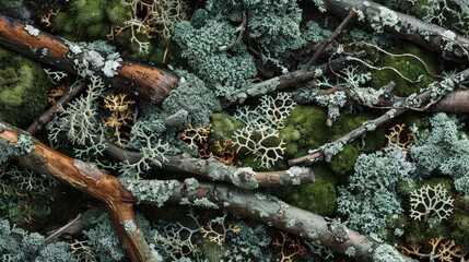 Poster - Abstract nature backdrop featuring lichen moss pine branches and snags for beauty product branding and packaging