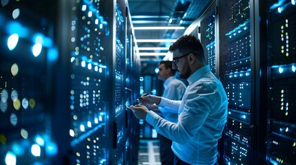 Aufkleber - team of it professionals working on cloud servers in high tech environment