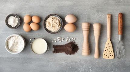 Baking essentials for making cookies on a grey background