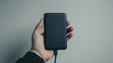 Black portable charger with cable held against white backdrop