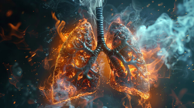 A close up of a burnt out lung with smoke and fire surrounding it