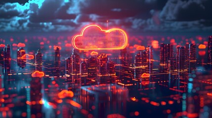 Poster - Futuristic Interconnected City with Cloud Icons Representing Smart Infrastructure
