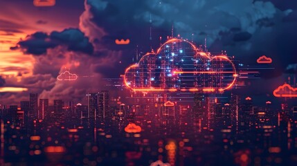 Canvas Print - Futuristic Smart City Skyline with Interconnected Cloud powered Infrastructure