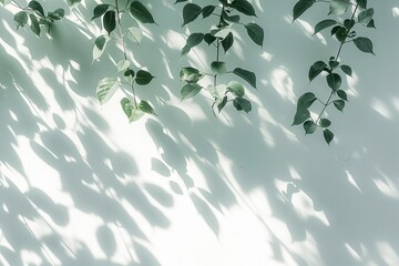 Poster - Indoor plants on white wall. Greenery decor with natural light. Minimalist interior design concept. Calming atmosphere for wellness and relaxation. Perfect for home office or living room.
