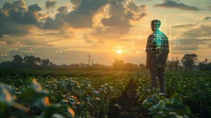 Poster - Farmer Utilizing Cloud Based Agricultural Management Tools in Serene Rural Landscape at Sunset