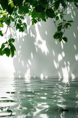 Poster - Indoor scene with white wall background features a large window allowing natural light to enter. A green plant hangs from ceiling and a pool of water reflects surroundings creating dynamic element.