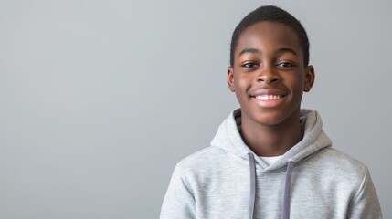 Canvas Print - Smiling African American Teen Boy in Gray Hoodie on Light Gray Background Perfect for Educational or Healthcare Promotions, Diversity Campaigns, Youth Outreach Initiatives