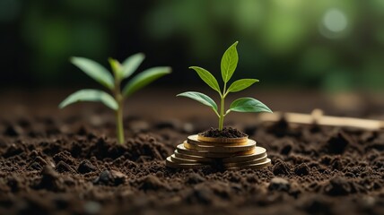 Stack of coins with plants growing on top, symbolizing financial growth and environmentally friendly investment. Suitable for financial advertising, green investment and sustainability.