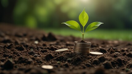 Stack of coins with plants growing on top, symbolizing financial growth and environmentally friendly investment. Suitable for financial advertising, green investment and sustainability.