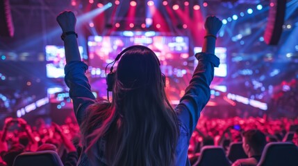 Poster - A young woman with headphones on, stands in a crowded stadium, arms raised in victory. The arena is filled with colorful lights and a large screen displays the action