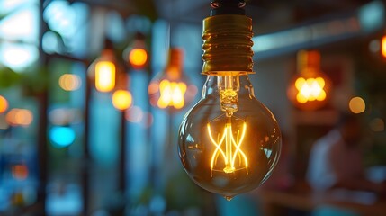 Poster - Vintage Lighting Fixture Illuminating Vibrant Meeting Room for Innovative Marketing Strategy Session