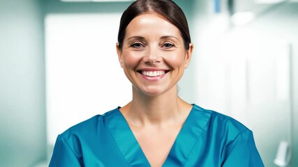 Aufkleber - A female nurse smiles warmly in a hospital hallway.