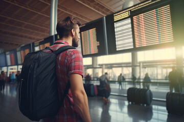 Canvas Print - AI generated picture of happy young man in airport registration fly abroad