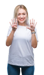 Sticker - Young blonde woman over isolated background showing and pointing up with fingers number nine while smiling confident and happy.