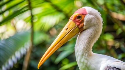 Wall Mural - Close up view of The Yellow-billed stork (Mycteria ibis), sometimes also called the wood stork or wood ibis, is a large African wading stork species in the family Ciconiidae at Kuala Lumpur Birdpark, 