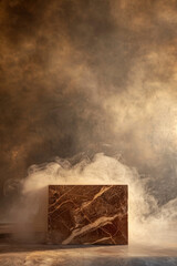 Empty brown marble table podium in room with earthy smoke, creating a warm, grounded atmosphere