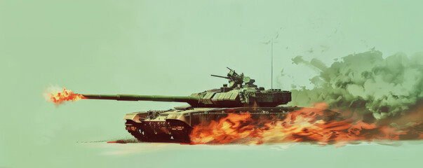 A tank destroyer engulfed in fierce flames and dense smoke, isolated on a light green background, creating a vivid contrast.