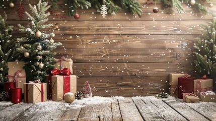 Sticker - Decorative Christmas scene with presents on wooden backdrop