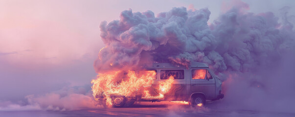 Wall Mural - A van on fire, with flames leaping and thick smoke swirling, isolated on a soft lavender background. The gentle color contrasts with the intense fire, creating a striking visual.
