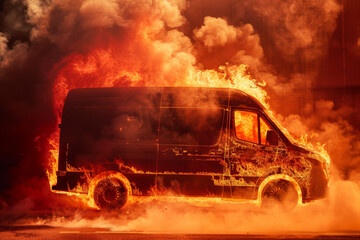 Wall Mural - A van on fire, with flames and thick smoke, isolated on a coral background. The warm color contrasts with the dark, destructive fire, creating a striking visual.