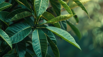 Canvas Print - Fresh green mango leaves with detailed texture on a tropical background