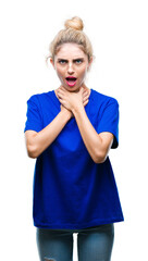 Sticker - Young beautiful blonde and blue eyes woman wearing blue t-shirt over isolated background shouting and suffocate because painful strangle. Health problem. Asphyxiate and suicide concept.