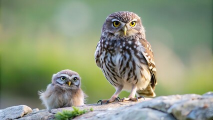 Wall Mural - The little owl (Athene noctua) with his chick standing on a stone