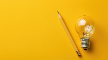 Business inspiration and creativity concept with lightbulb and pencil on yellow background, motivating success