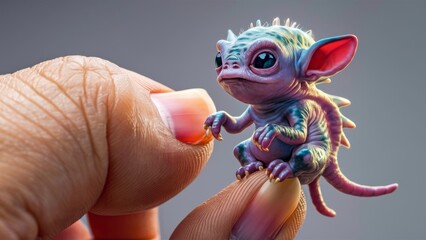 Wall Mural - A small toy creature that is sitting on a finger, AI