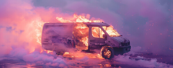 Wall Mural - A van on fire, with flames leaping and thick smoke swirling, isolated on a soft lavender background. The gentle color contrasts with the intense fire, creating a striking visual.